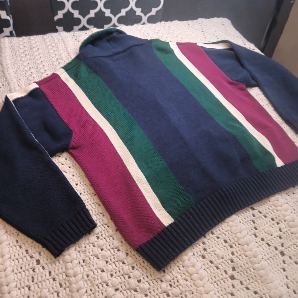 SIEGFRIED Vtg XL Color Block Striped Knit Button Shawl Varsity Crest Sweater - Picture 10 of 12